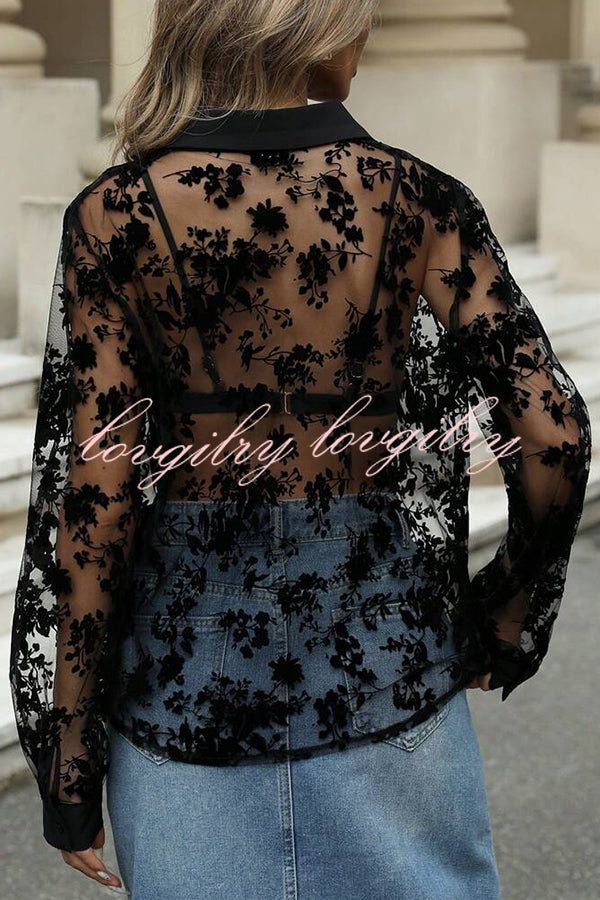 Fashion See-through Plant Lace Long Sleeve Loose Shirt