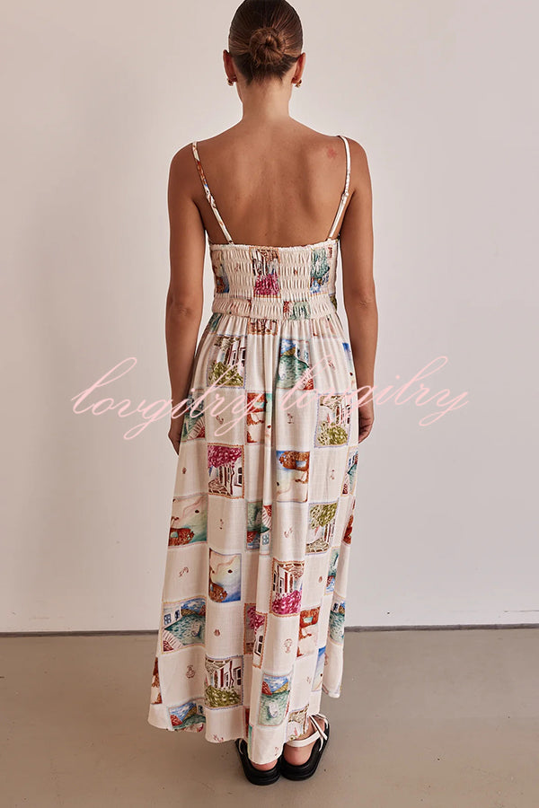 Unique Printed Sling Backless Elastic Pleated Maxi Dress