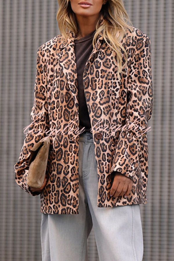 Catwalk Leopard Single Button Long Sleeve Pocketed Lapel Boyfriend Blazer