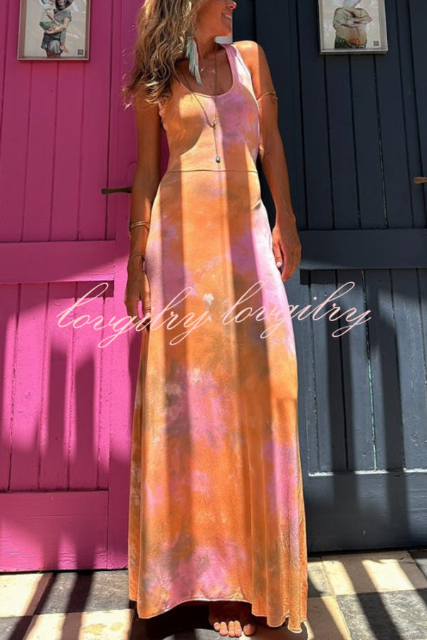 Summer Adventures Tie-dye Print Back Lace-up Stretch Maxi Dress