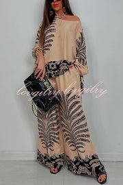 Unique Print Loose Drawstring Long Sleeve Top and Elastic Waist Casual Pocket Wide Leg Pants Set