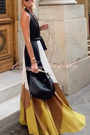 Fashion Colorblock Sexy Backless Tie Waist Full Hem Maxi Dress