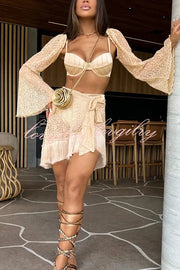 Hollow High Waist Stretch Bikini Swimsuit with Bell Sleeve and Tassle Skirt (3 Pieces)