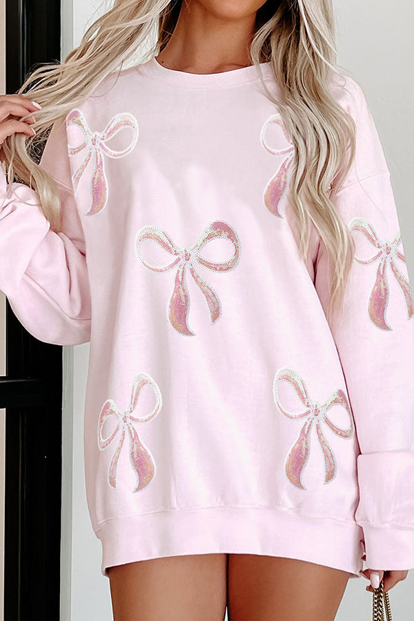 Christmas Sequined Bow Crew Neck Long-sleeved Loose Sweatshirt