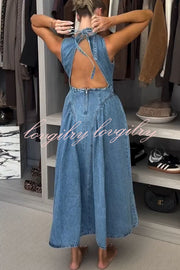 Classic and Stylish Denim Open Back Tie-up Gathered Hip Stretch Midi Dress