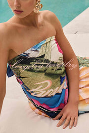 Seaside Holiday Satin Unique Print Knotted Scarf Top and Elastic Waist Loose Maxi Skirt Set