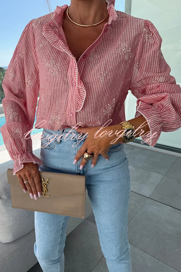 Stripe Print Plant Embroidery Long Sleeve Casual Shirt