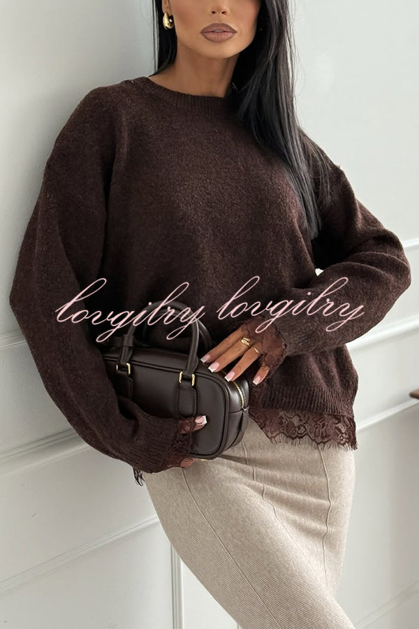 Caitlin Knit Lace Trim Patchwork Long Sleeve Back Slit Relaxed Sweater