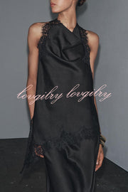 Dolly Satin Lace Trim Halter Cowl Neck Asymmetric Hem Tank