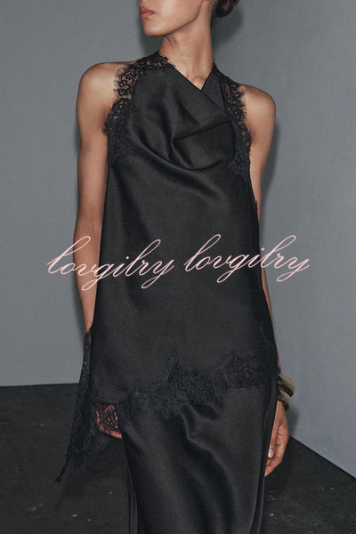Dolly Satin Lace Trim Halter Cowl Neck Asymmetric Hem Tank