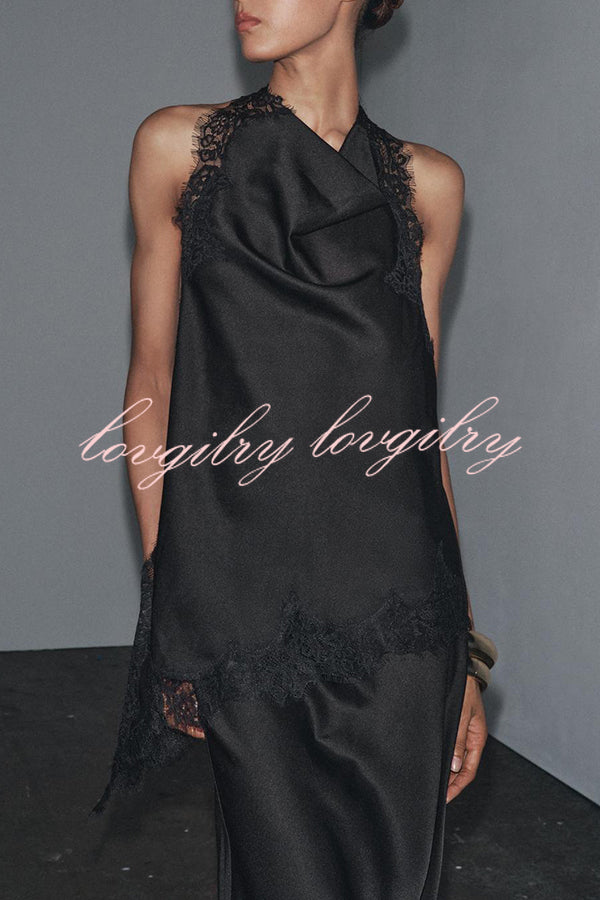 Dolly Satin Lace Trim Halter Cowl Neck Asymmetric Hem Tank