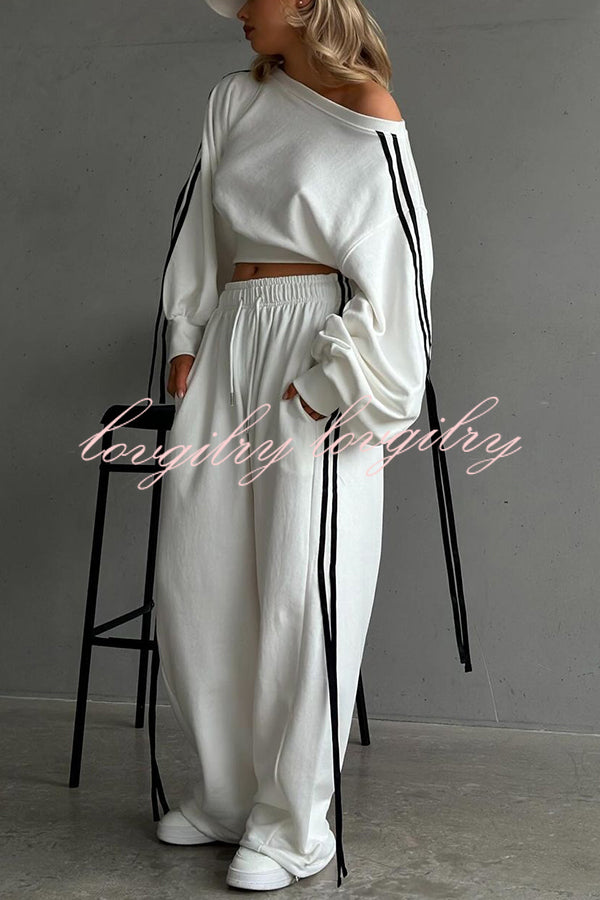 Contrast Color Webbing Casual Sweatshirt and Elastic Waist Tie Loose Pants Set