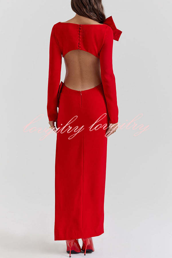 Lovely Bow Cutout Button Back Zipper Long Sleeve Maxi Dress