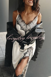 Breezy City Fall SatinLace Petal Trim Slip Tie-up H-line Slit Maxi Dress