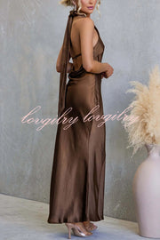 Satin Fashion Halter Backless Slim Elegant Maxi Dress
