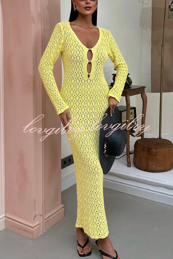 Fashion V-neck Long-sleeved Hollow Slim Maxi Dress