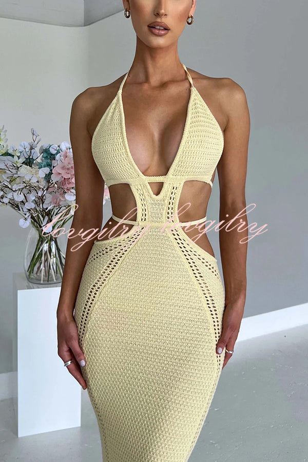 Effortlessly Cool and Sexy Knit Crochet Cutout Halter Tie-up Stretch Maxi Dress