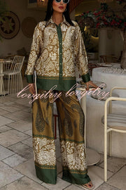 Naya Satin Contrast Color Paisley Long Sleeve Shirt and Elastic Waist Pocketed Pants Set