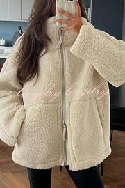 Solid Color Stitching High Collar Long Sleeve Loose Pocket Woolen Coat