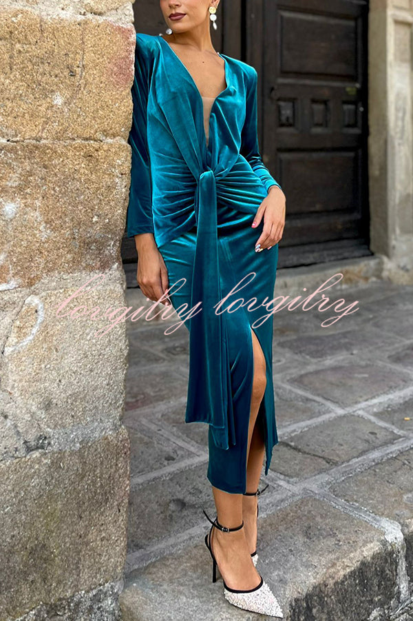 Elisabeth Luxurious Velvet Padded Shoulders Long Sleeve Twist Waist Drape Midi Dress