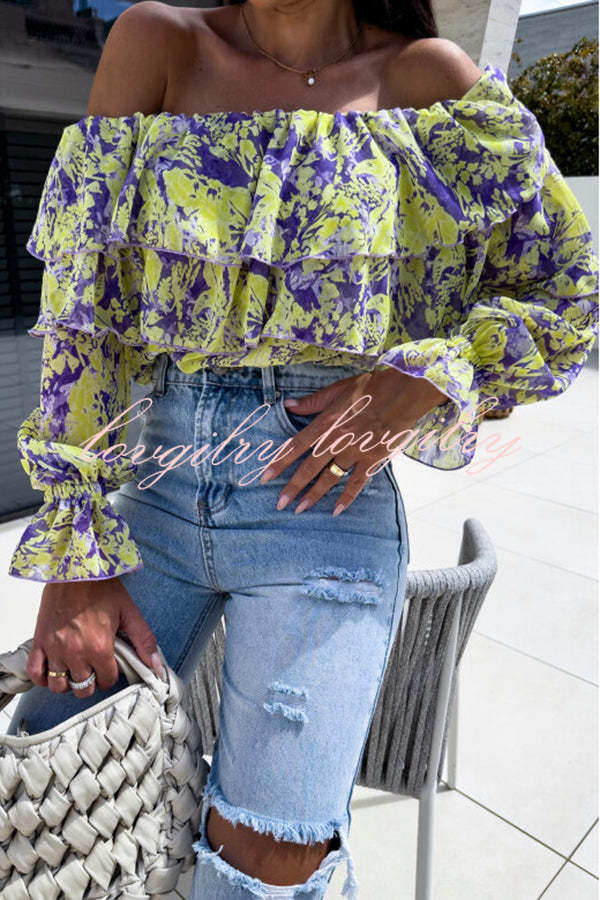 Colorful Botanical Print Sexy Off-shoulder Ruffle Top