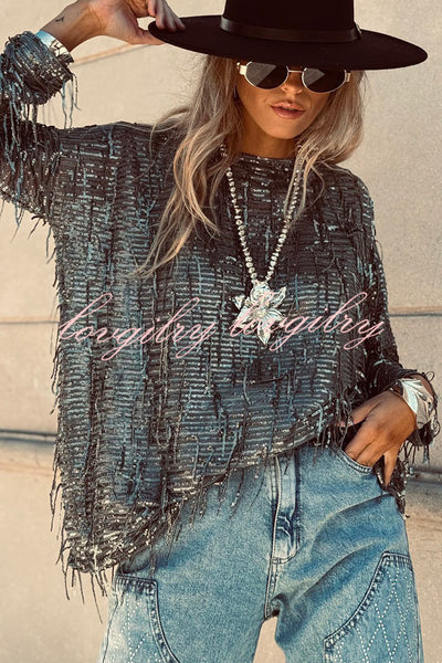 Party Crasher Sequin Tassle Fabric Long Sleeve Loose Top