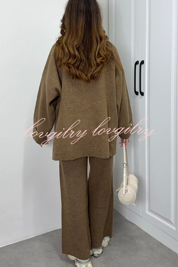 Solid Color Loose Long-sleeved Knit Top and Elastic Waist Casual Straight Leg Pants Set
