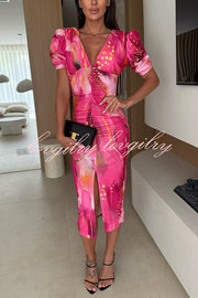 Unique Print V-Neck Puff Sleeve Slit Slim Midi Dress