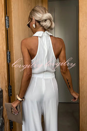 Fashionable Unique Look Halter Shirt Collar Wide Leg Jumpsuit