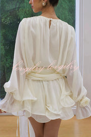 Solid Color Long Sleeve V-Neck Lace-Up Elegant Flower Decorated Mini Dress