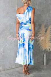 Satin Unique Print One Shoulder Tie Waist Slit Maxi Dress