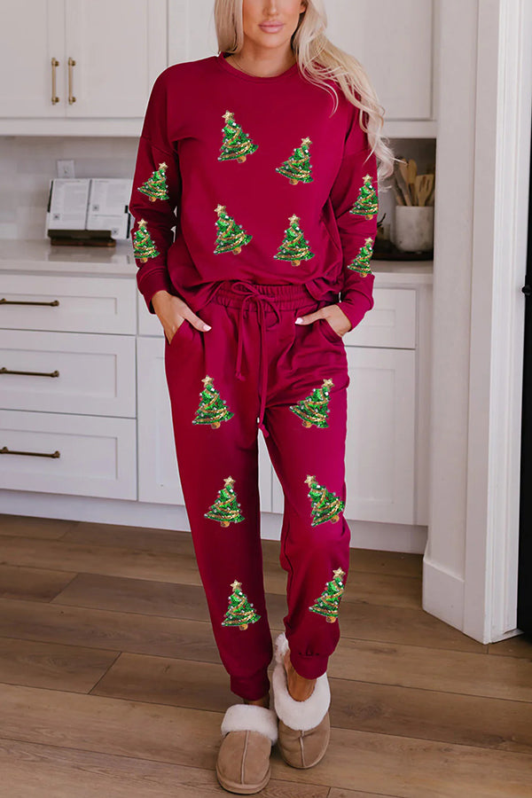 Christmas Sequin Long Sleeve Top and Elastic Waist Tie Pocket Pants Set