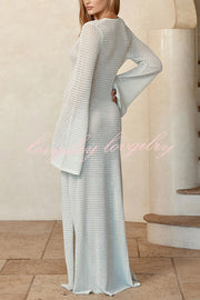 Seaside Goddess Crochet Knit Hollow Out Golden Ring Long Sleeve Cover-up Maxi Dress