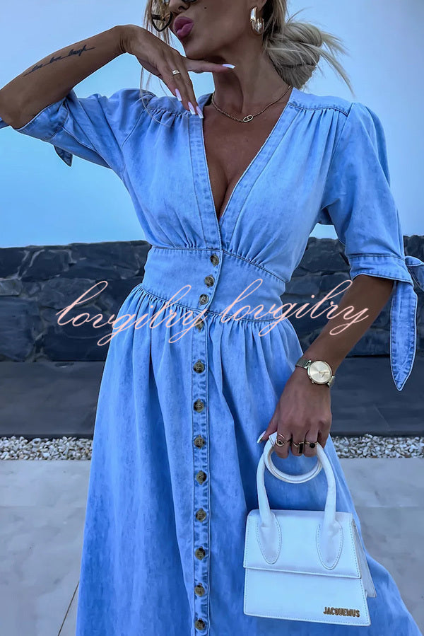 Solid Color V-neck Button-down Denim Midi Dress