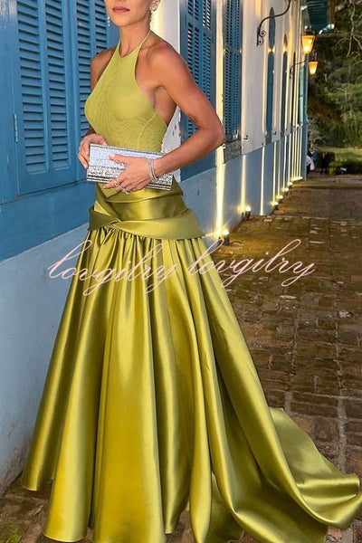 Grand and Shining Knit Patchwork Ruched Satin Halter Stretch Maxi Dress