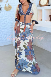 Unique Printed V-Neck Tie Cropped Top and Elastic Waist Casual Maxi Skirt Set