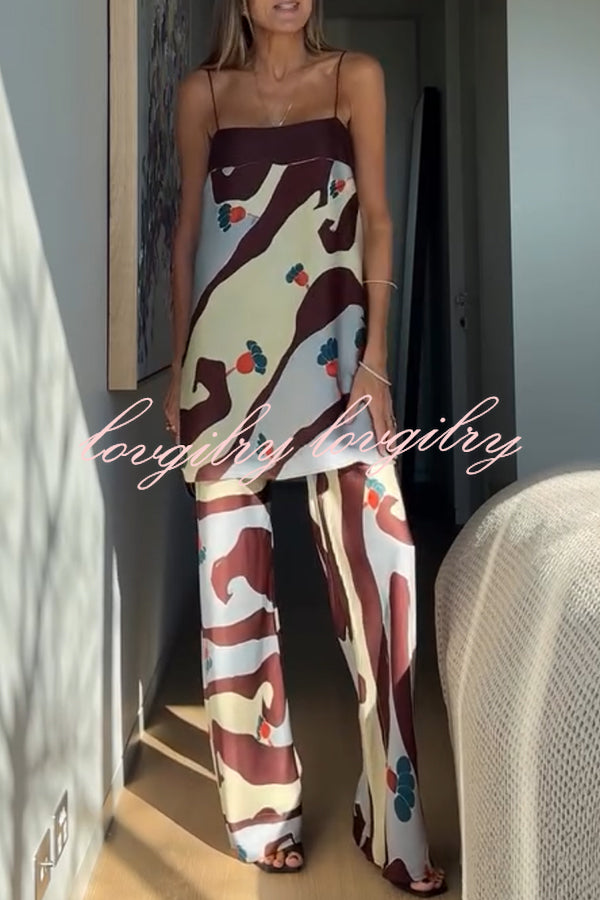 Loving Views Satin Unique Print a-line Tank and Elastic Waist Loose Pants Set