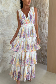 Sunny Views Lavender Print V-neck Tie-up Tiered Maxi Dress