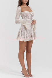 Analysis Lace Square Neck Lace Slim Fit Back Zip Long Sleeve Mini Dress