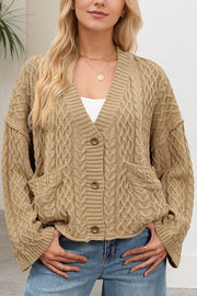 Solid Color Loose V-neck Long-sleeved Casual Pocket Knitted Cardigan
