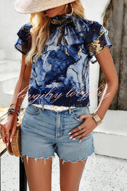 Floral Print Paneled Pleated Crew Neck Pullover Short Sleeved Top