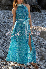Unique Print Sexy Off-the-shoulder Waist Tie Slit Holiday Midi Dresses