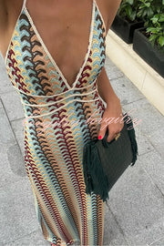 Playful Colorful Knit Holiday Style Halter Neck Maxi Dress