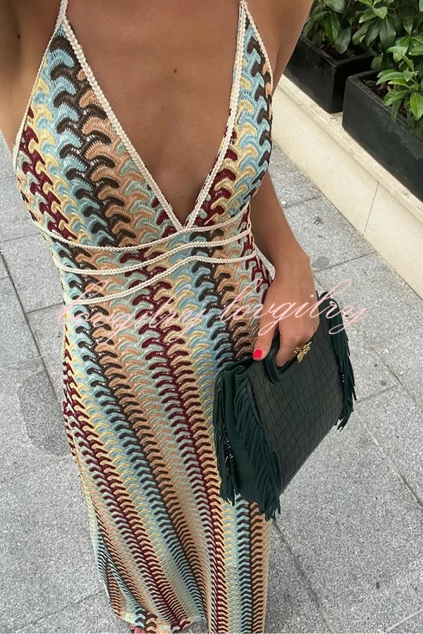 Playful Colorful Knit Holiday Style Halter Neck Maxi Dress