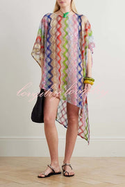 Sun Washed Knit Colorful Zigzag Pattern Asymmetric Hem Loose Cover-ups Kaftan