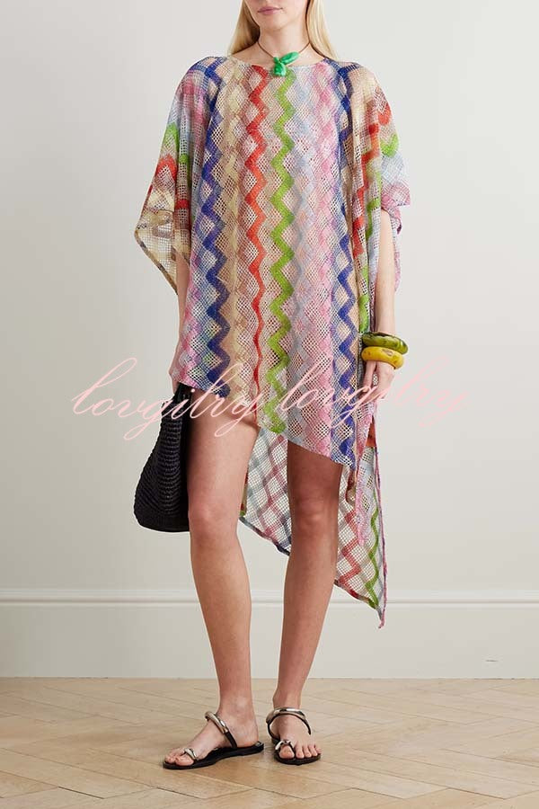 Sun Washed Knit Colorful Zigzag Pattern Asymmetric Hem Loose Cover-ups Kaftan