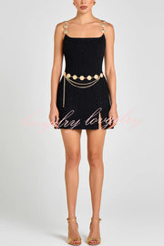 Timeless Exquisite Tweed Fabric Metal Coin Chain Detail Slip Mini Dress