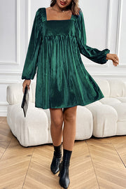 Solid Color Velvet Square Neck Long Sleeve Pocket Casual Mini Dress