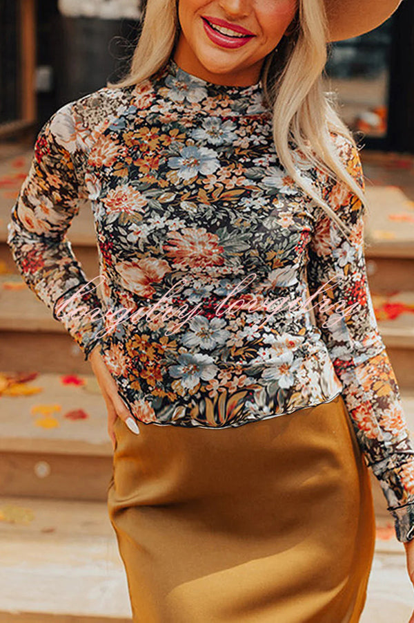 Floral Print Turtleneck Long Sleeve Stretch Bottoming Shirt