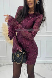 Deep and Dazzling Floral Texture Sequin Long Bell Sleeve Open Back Mini Dress